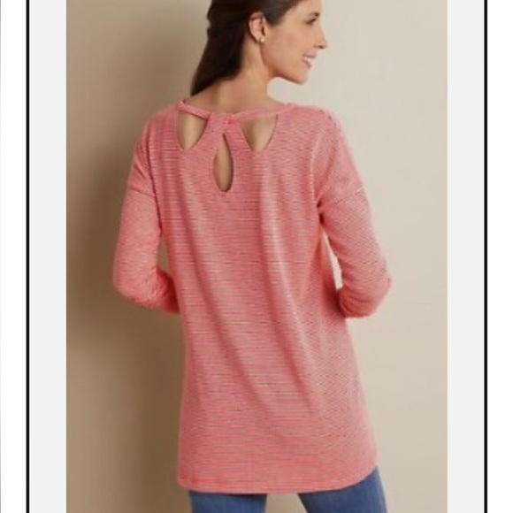 Soft Surroundings Tops - Soft Surroundings Micro Stripe Twist Back Tunic Blouse, Rose Coral/White, L